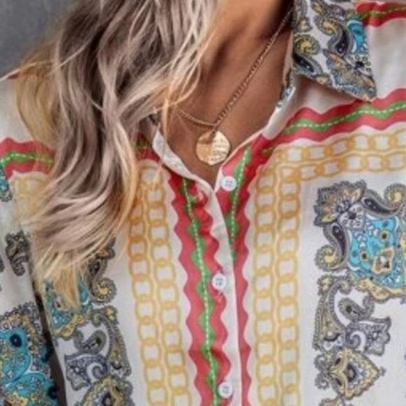 paisley Button down Front long sleeve Shirt Blouse - Picture 4 of 7